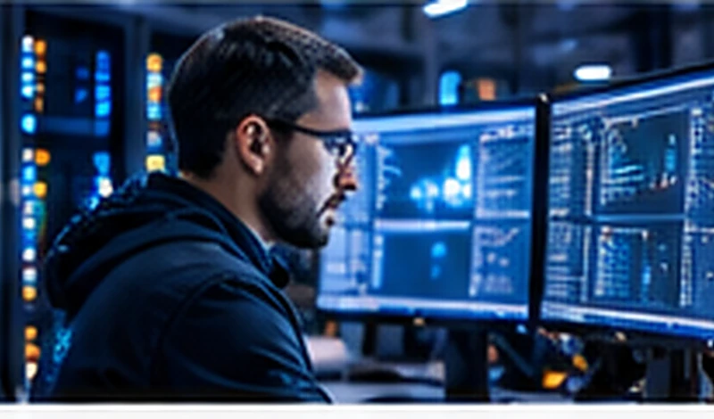IT service professional working with monitoring screens